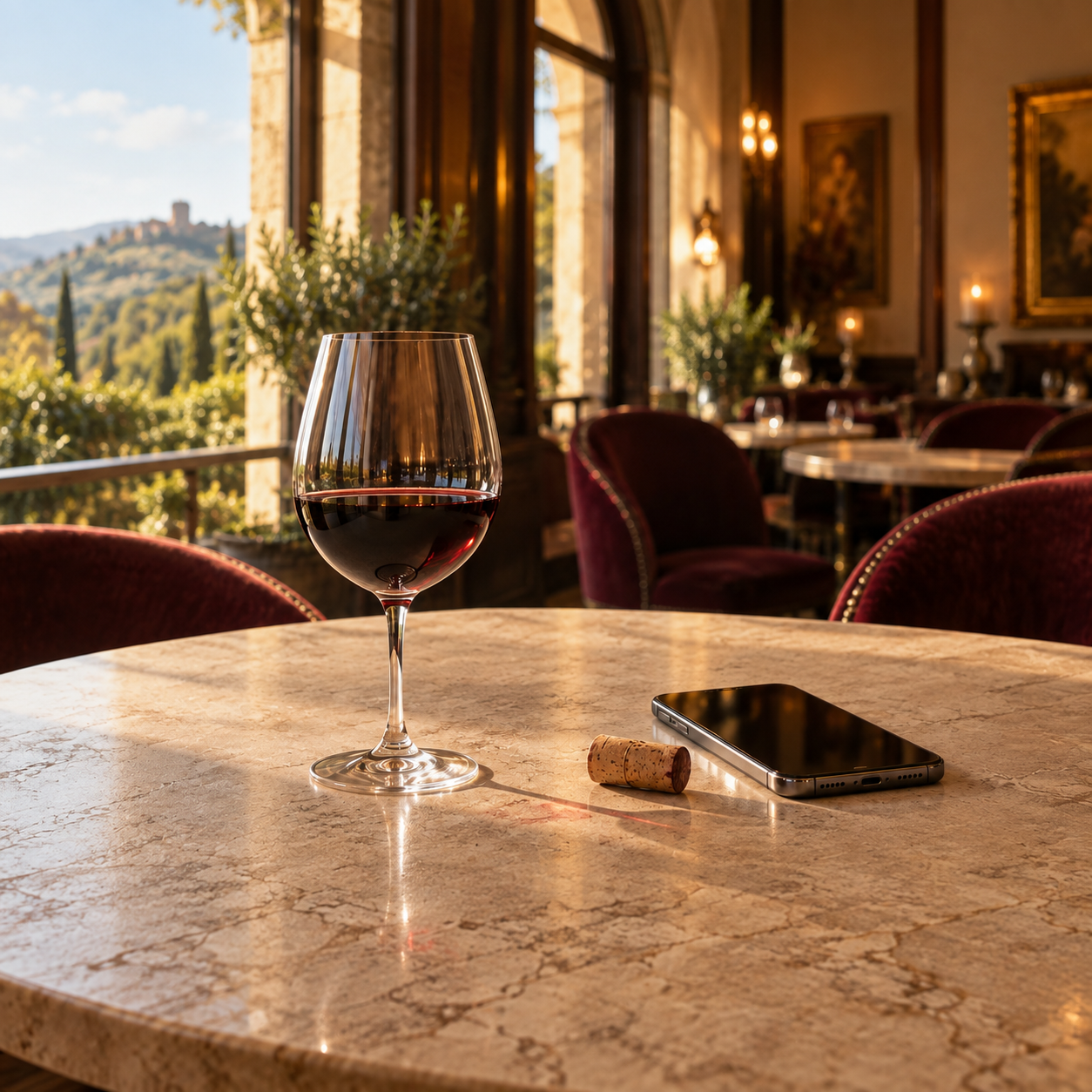 Weinglas auf einem Tisch in einer Weinbar mit Blick auf die Weinberge